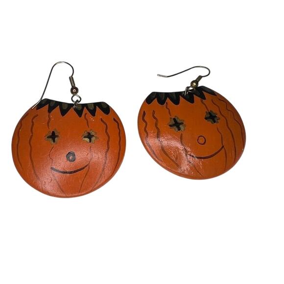 Vintage Jewelry - Vintage Halloween Pumpkin Jack-o'-lantern Dangle Earrings Hand-painted wooden